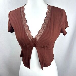 Brown Ribbed Lace Trim V Neck Button Front Short Sleeve Cropped Top Women Size M